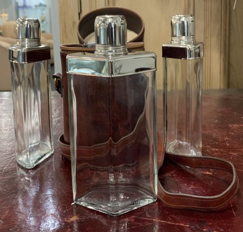 LUXURY BURGUNDY LEATHER TRIPLE GLASS FLASK SET C1930 - ADDITIONAL PHOTO 5