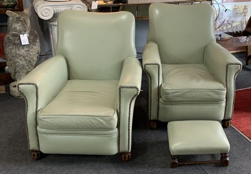 pair of leather armchairs footstool within dateline of 1940 - CATEGORY: ANTIQUE CHAIRS - DATED 1940