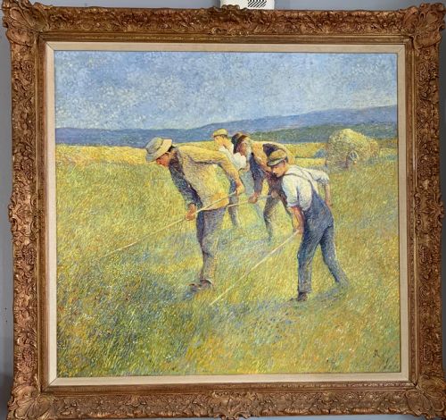 andre de moller b1942 the haymakers oil on canvas in postimpressionist style c1980 - CATEGORY: ANTIQUE ART - DATED LATER THAN 1960