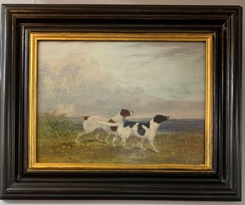 victorian hunting dogs scene oil on board unsigned c1880 - CATEGORY: ANTIQUE ART - DATED VICTORIAN