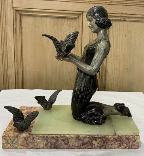 french art deco lady with 3 doves c192030 - CATEGORY: ANTIQUE SCULPTURES - DATED 1920