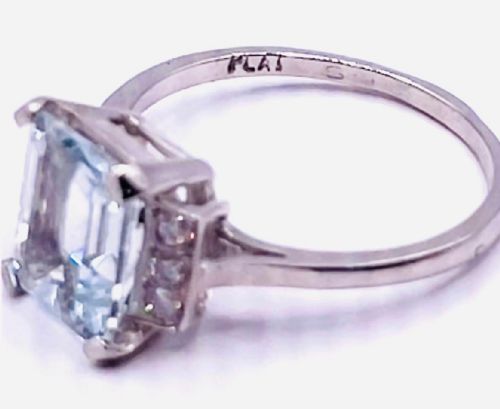 EMERALD CUT AQUAMARINE DIAMOND ACCENTS ON PLATINUM RING SIZE O - ADDITIONAL PHOTO 2