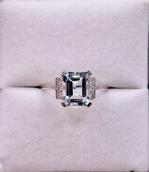 EMERALD CUT AQUAMARINE DIAMOND ACCENTS ON PLATINUM RING SIZE O - ADDITIONAL PHOTO 5