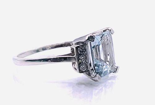 EMERALD CUT AQUAMARINE DIAMOND ACCENTS ON PLATINUM RING SIZE O - ADDITIONAL PHOTO 6