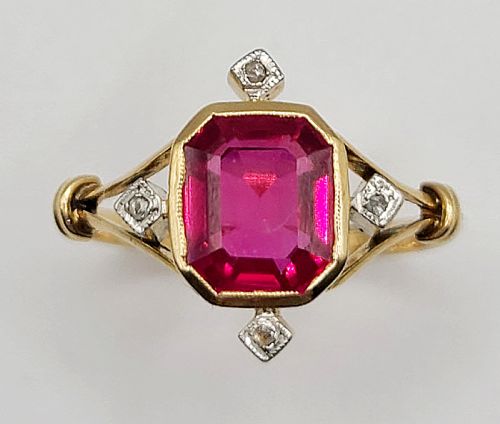 french art deco ruby 15ct rose cut diamond ring c1920 q12 - CATEGORY: ANTIQUE JEWELLERY - DATED 1920