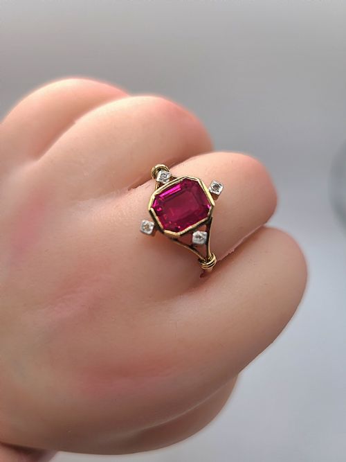 FRENCH ART DECO RUBY 15CT ROSE CUT DIAMOND RING C1920 Q12 - ADDITIONAL PHOTO 2