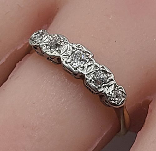 ART DECO 5 STONE DIAMOND PLATINUM 18CT GOLD RING SIZE P - ADDITIONAL PHOTO 2