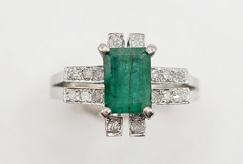 art deco design natural emerald diamond 14ct gold ring size q - CATEGORY: ANTIQUE JEWELLERY - DATED 1920