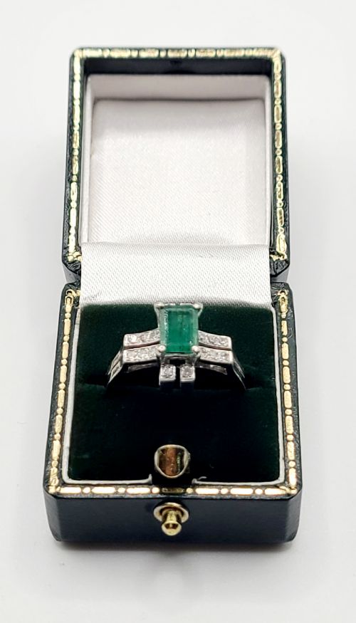 ART DECO DESIGN NATURAL EMERALD DIAMOND 14CT GOLD RING SIZE Q - ADDITIONAL PHOTO 1