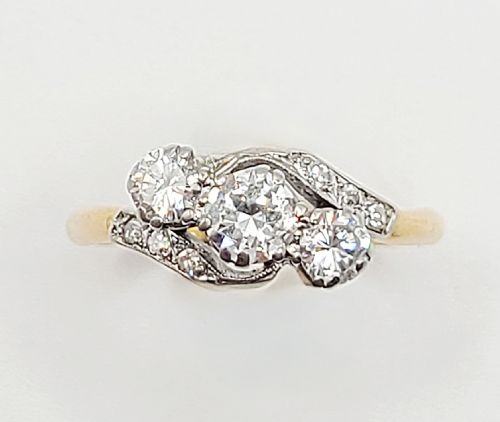 edwardian 1ct old cut diamond 18ct gold platinum trilogy twist ring size r - CATEGORY: ANTIQUE JEWELLERY - DATED EDWARDIAN