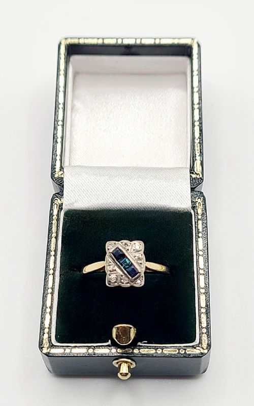 ART DECO PRINCESS SAPPHIRE DIAMOND PLATINUM 18CT GOLD PANEL RING SIZE N O - ADDITIONAL PHOTO 1