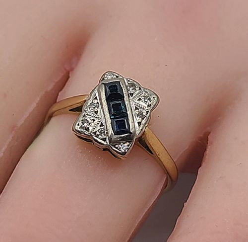 ART DECO PRINCESS SAPPHIRE DIAMOND PLATINUM 18CT GOLD PANEL RING SIZE N O - ADDITIONAL PHOTO 2