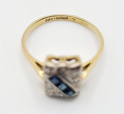 ART DECO PRINCESS SAPPHIRE DIAMOND PLATINUM 18CT GOLD PANEL RING SIZE N O - ADDITIONAL PHOTO 3