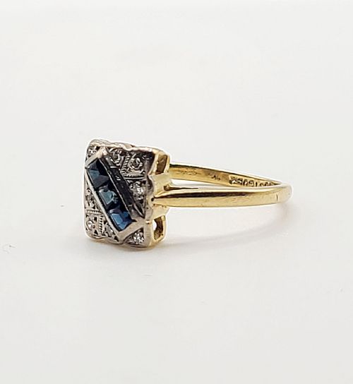 ART DECO PRINCESS SAPPHIRE DIAMOND PLATINUM 18CT GOLD PANEL RING SIZE N O - ADDITIONAL PHOTO 4