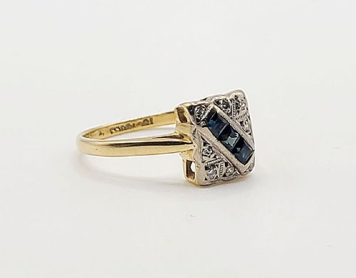 ART DECO PRINCESS SAPPHIRE DIAMOND PLATINUM 18CT GOLD PANEL RING SIZE N O - ADDITIONAL PHOTO 6