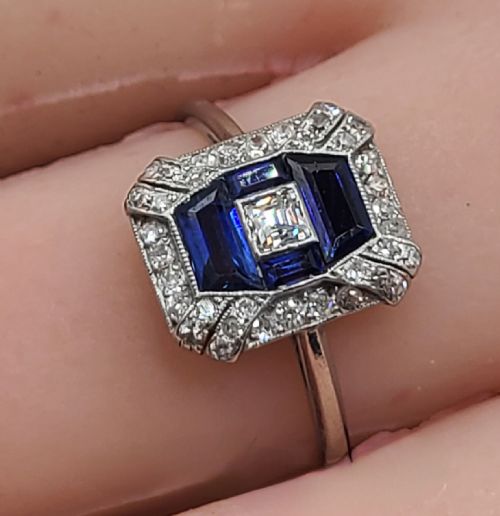 ART DECO SAPPHIRE DIAMOND PLATINUM RING SIZE Q - ADDITIONAL PHOTO 2