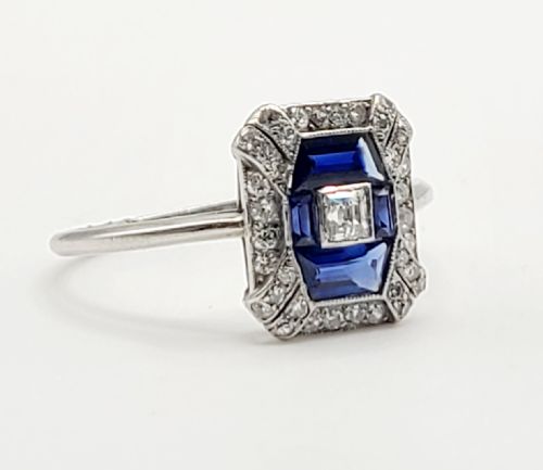 ART DECO SAPPHIRE DIAMOND PLATINUM RING SIZE Q - ADDITIONAL PHOTO 6