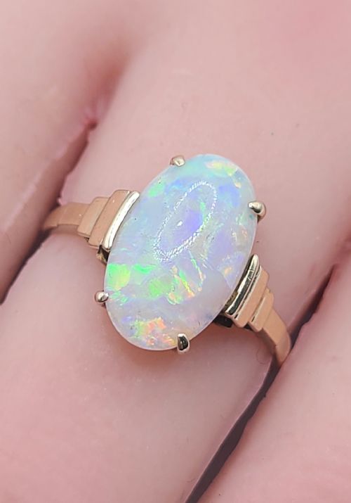ART DECO ANTIQUE OVAL CUT OPAL 9CT GOLD RING C1930 SIZE N12 - ADDITIONAL PHOTO 2