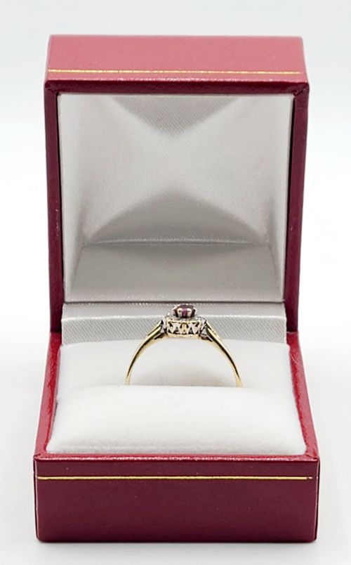 VINTAGE RUBY WITH DIAMOND HALO ON 9CT GOLD SIZE R - ADDITIONAL PHOTO 2