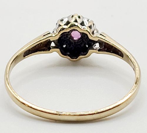 VINTAGE RUBY WITH DIAMOND HALO ON 9CT GOLD SIZE R - ADDITIONAL PHOTO 4