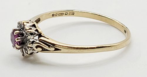 VINTAGE RUBY WITH DIAMOND HALO ON 9CT GOLD SIZE R - ADDITIONAL PHOTO 5