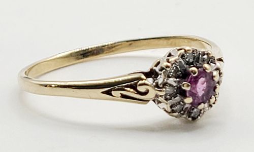 VINTAGE RUBY WITH DIAMOND HALO ON 9CT GOLD SIZE R - ADDITIONAL PHOTO 6