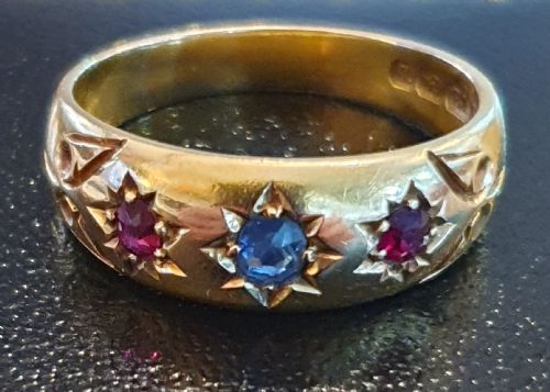 ANTIQUE EDWARDIAN RUBY SAPPHIRE GYPSY RING SIZE M 12 - ADDITIONAL PHOTO 2