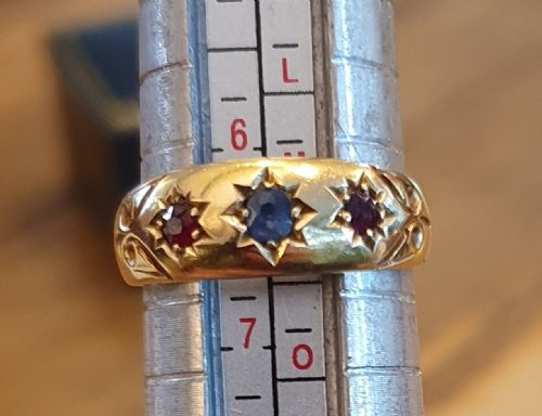 ANTIQUE EDWARDIAN RUBY SAPPHIRE GYPSY RING SIZE M 12 - ADDITIONAL PHOTO 3