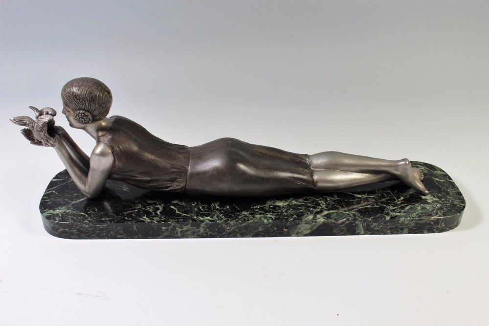 French Art Deco Sculpture of a Girl Holding a Pair of Doves By Janle c.1920-30