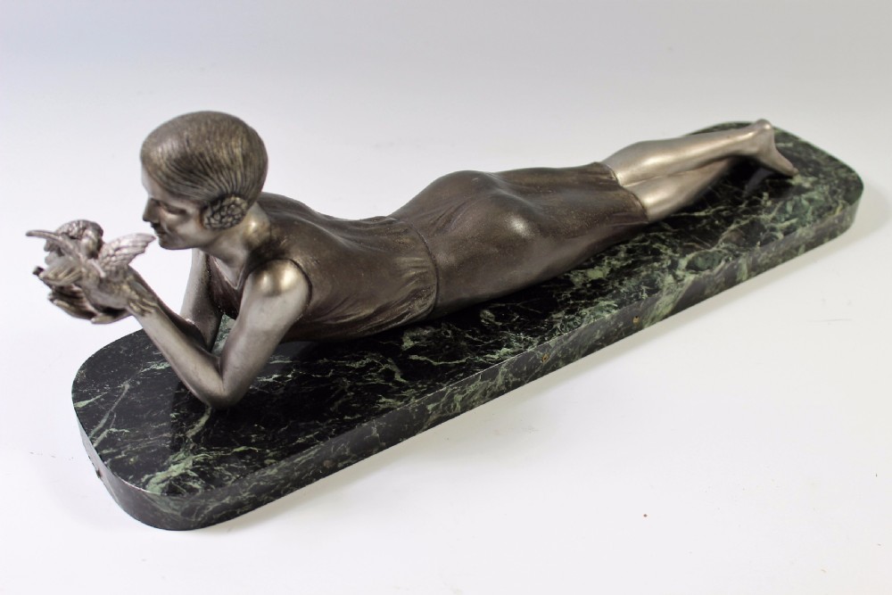 French Art Deco Sculpture of a Girl Holding a Pair of Doves By Janle c.1920-30 View II