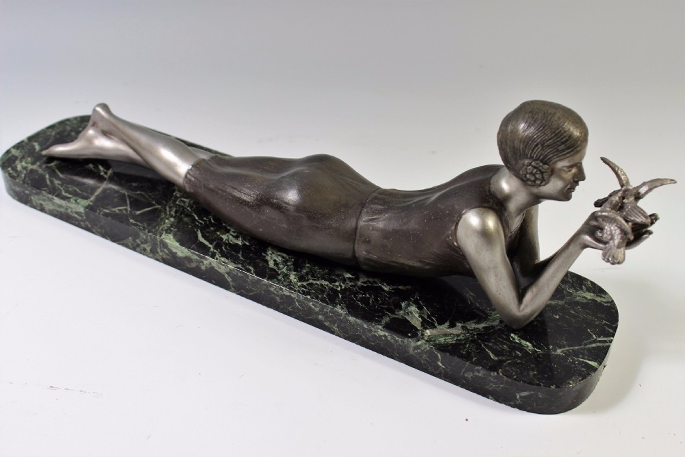French Art Deco Sculpture of a Girl Holding a Pair of Doves By Janle c.1920-30 View III