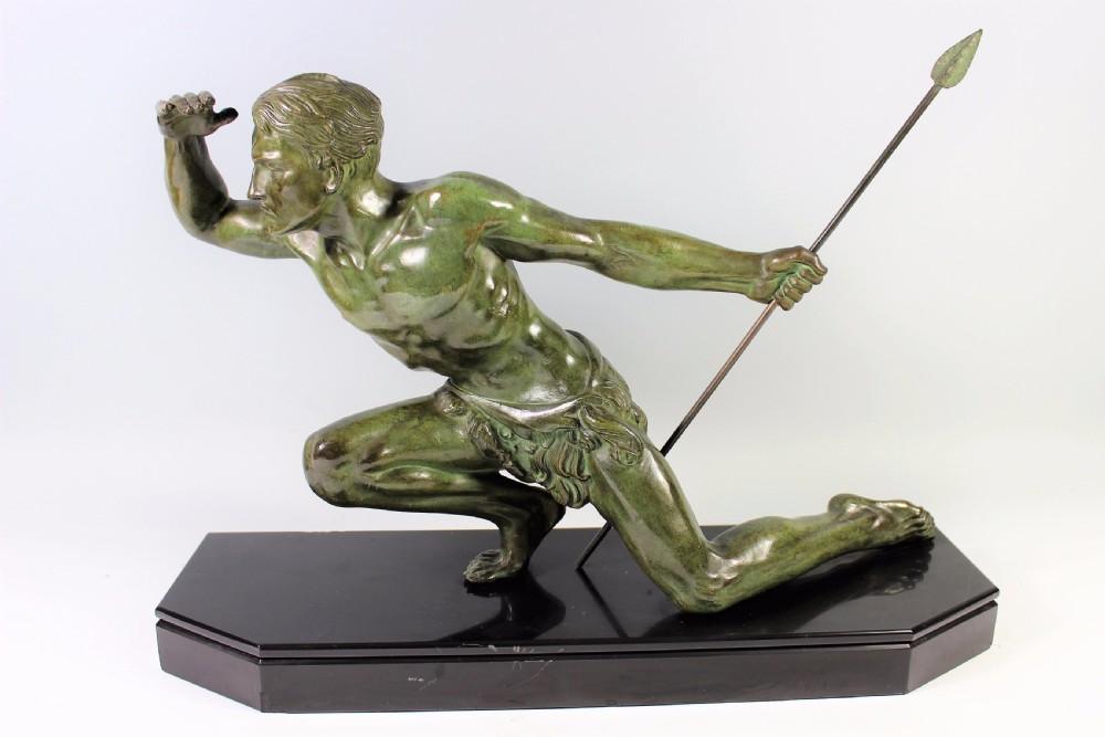 Large French Art Deco Bronze Hunter by Jean de Roncourt c1920-30