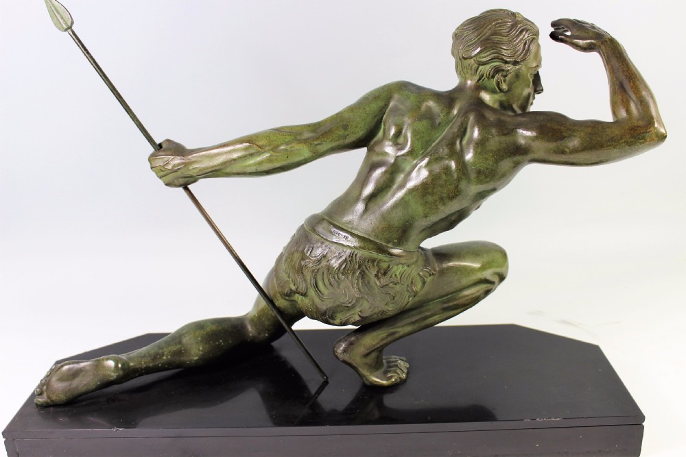 Large French Art Deco Bronze Hunter by Jean de Roncourt c1920-30 View V