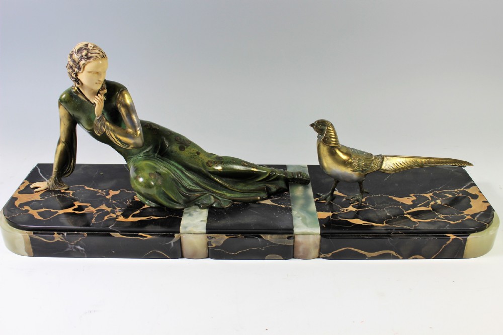 Large French Art Deco Girl and Pheasant by Menneville c1920-30