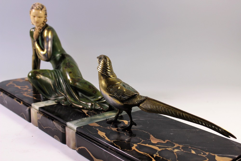 Large French Art Deco Girl and Pheasant by Menneville c1920-30 View XIII