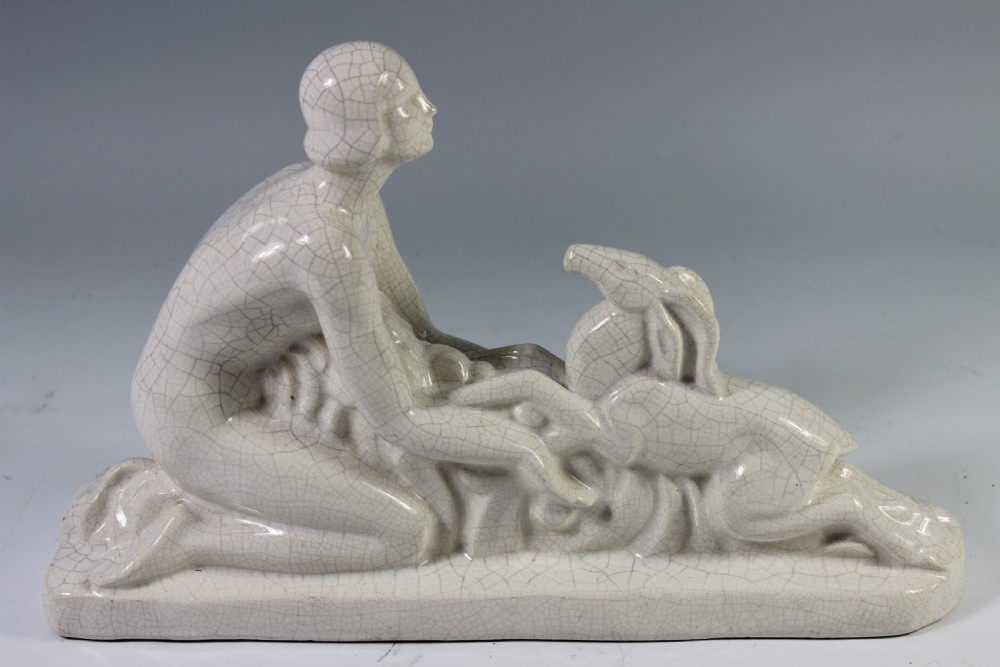 French Art Deco Craquele Figure of girl and fawn c.1920-30