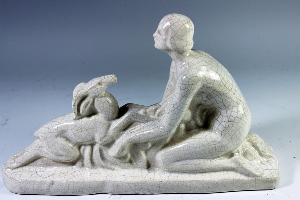 French Art Deco Craquele Figure of girl and fawn c.1920-30 View II