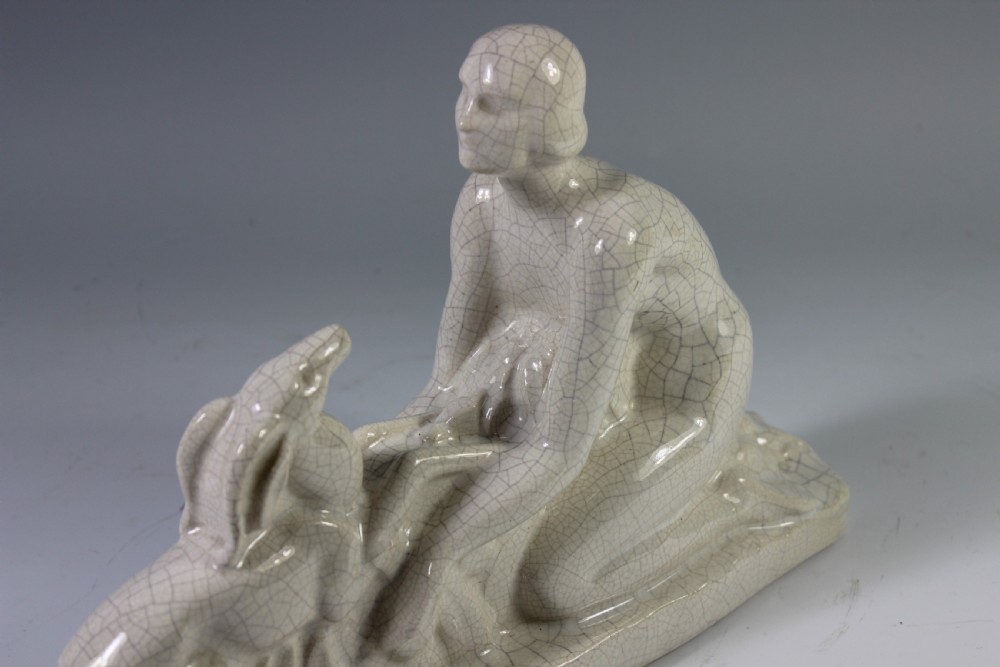 French Art Deco Craquele Figure of girl and fawn c.1920-30 View III