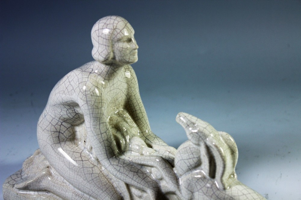 French Art Deco Craquele Figure of girl and fawn c.1920-30 View IV