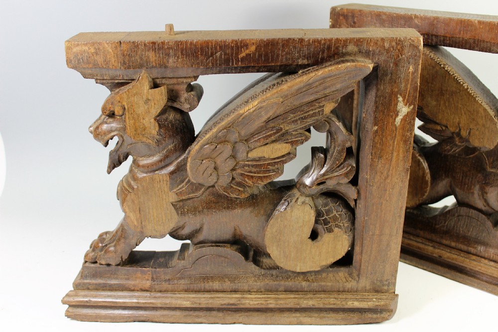 Pair 18th Century Oak Furniture Support Griffin Carvings  View II