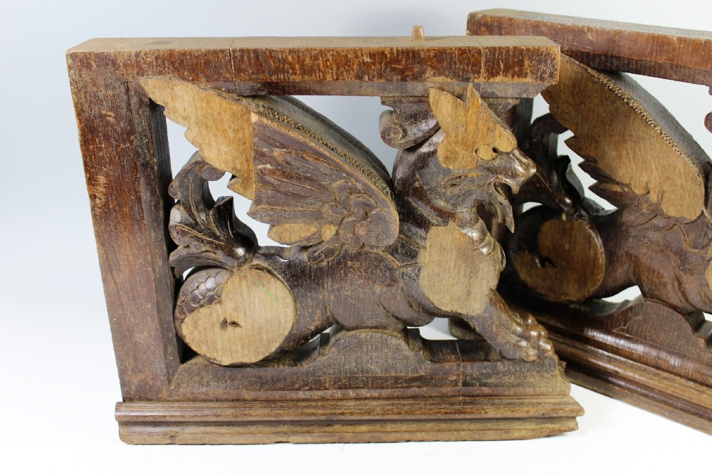Pair 18th Century Oak Furniture Support Griffin Carvings  View III