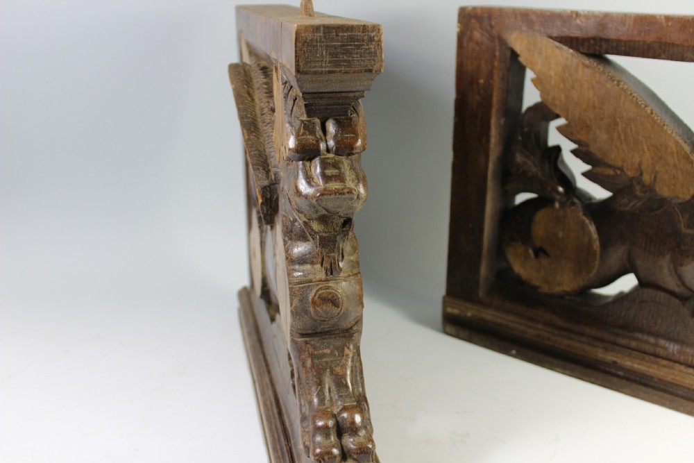 Pair 18th Century Oak Furniture Support Griffin Carvings  View IV