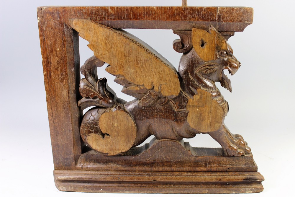 Pair 18th Century Oak Furniture Support Griffin Carvings  View V