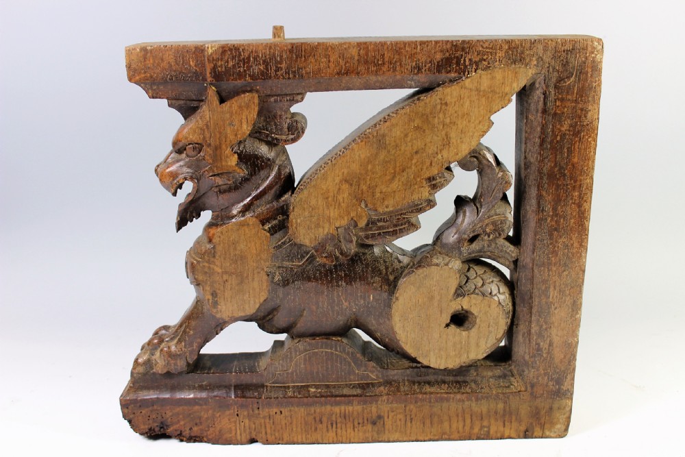 Pair 18th Century Oak Furniture Support Griffin Carvings  View VI