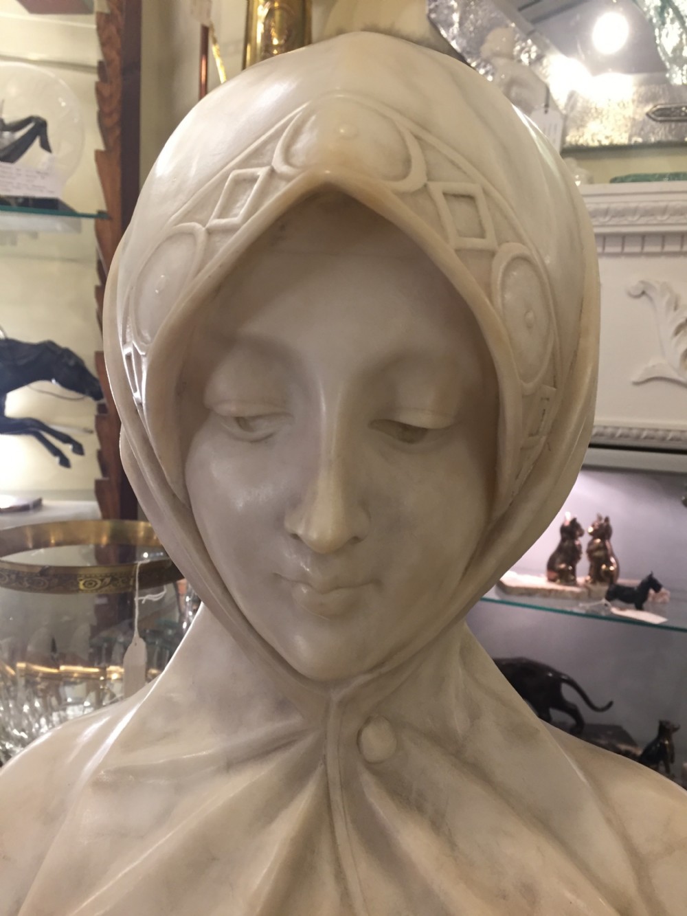 Original French art nouveau marble bust of a young girl, c.1900 View II