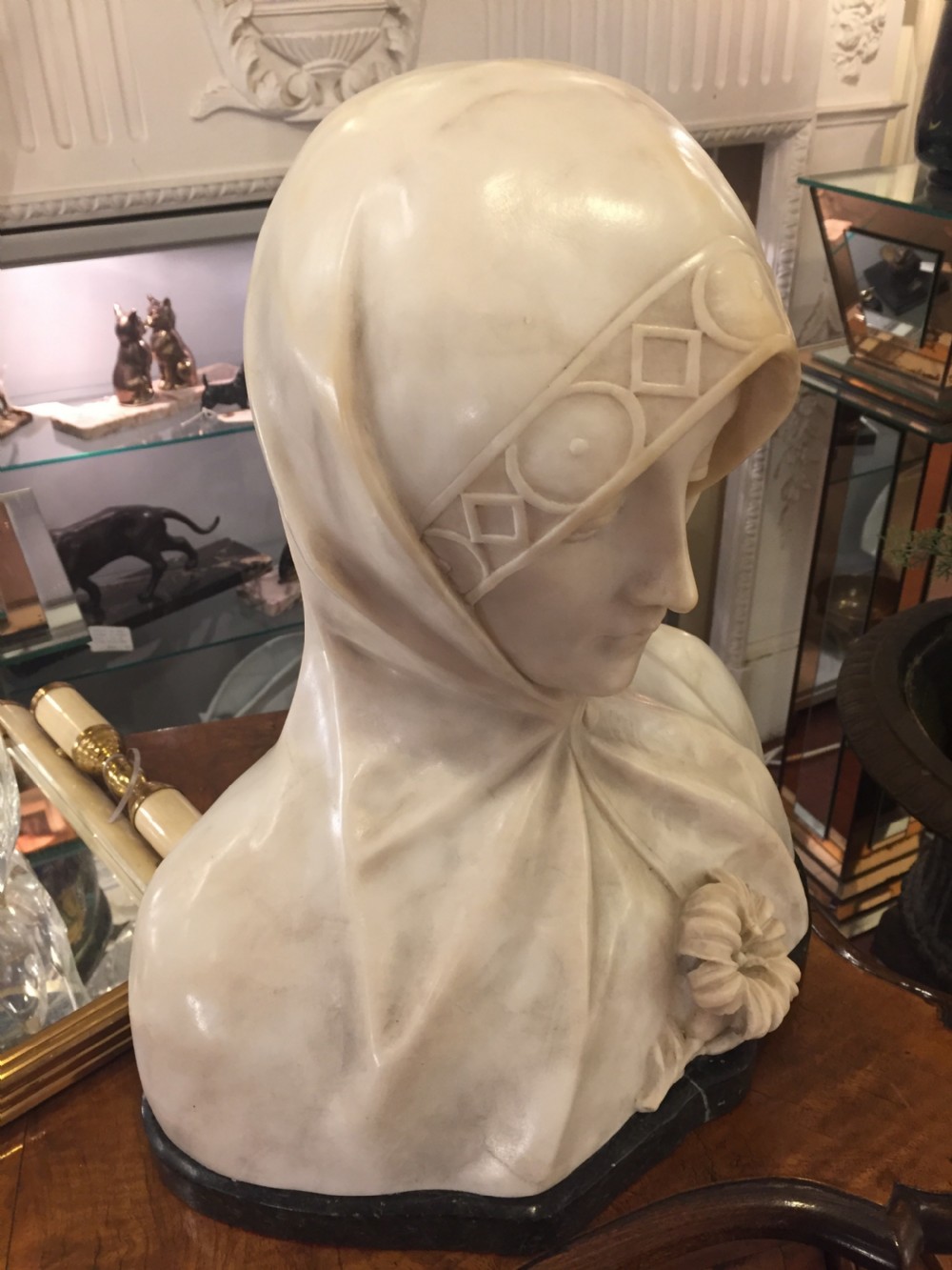Original French art nouveau marble bust of a young girl, c.1900 View III