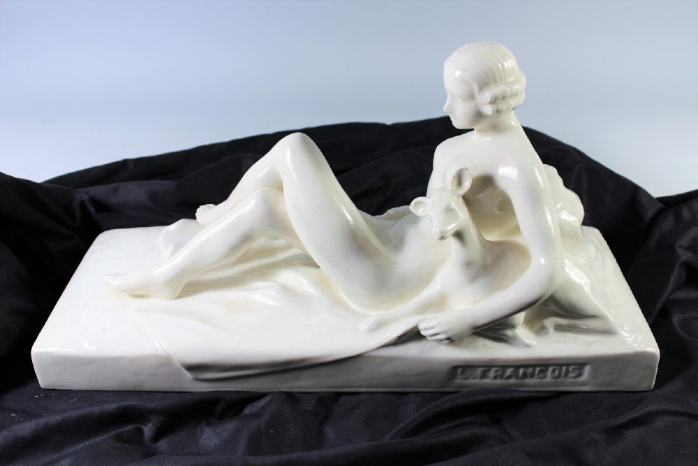 Francois art deco craquele ceramic of a girl and fawn, c.1930
