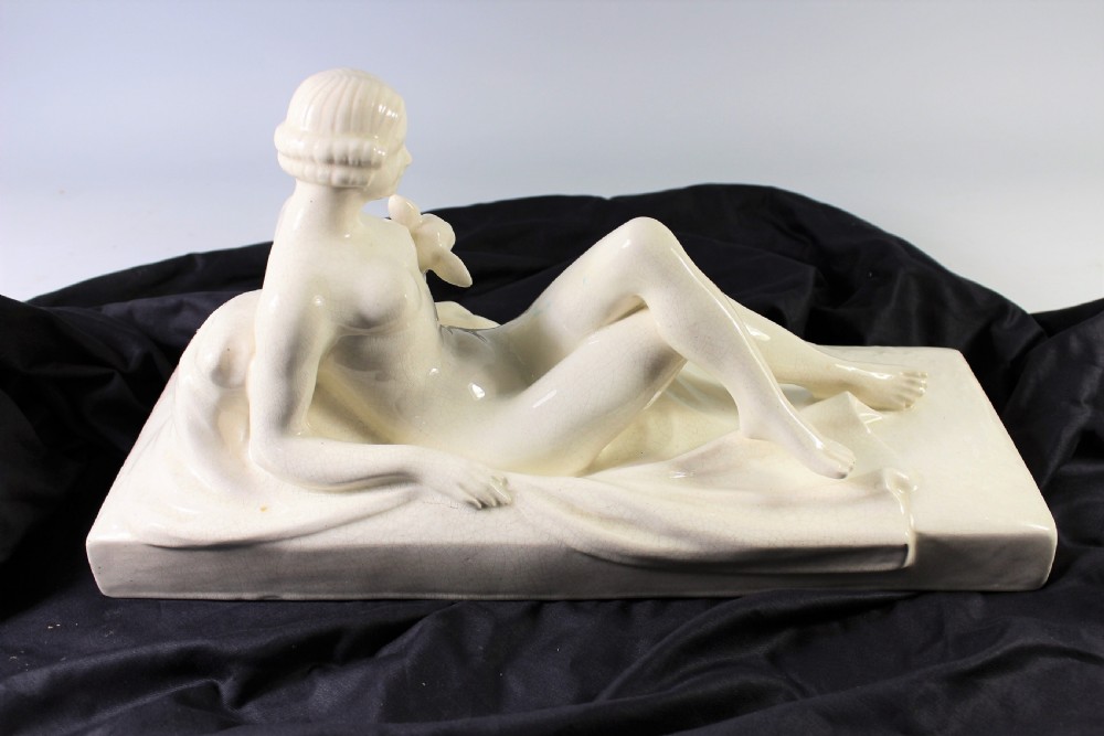 Francois art deco craquele ceramic of a girl and fawn, c.1930 View II