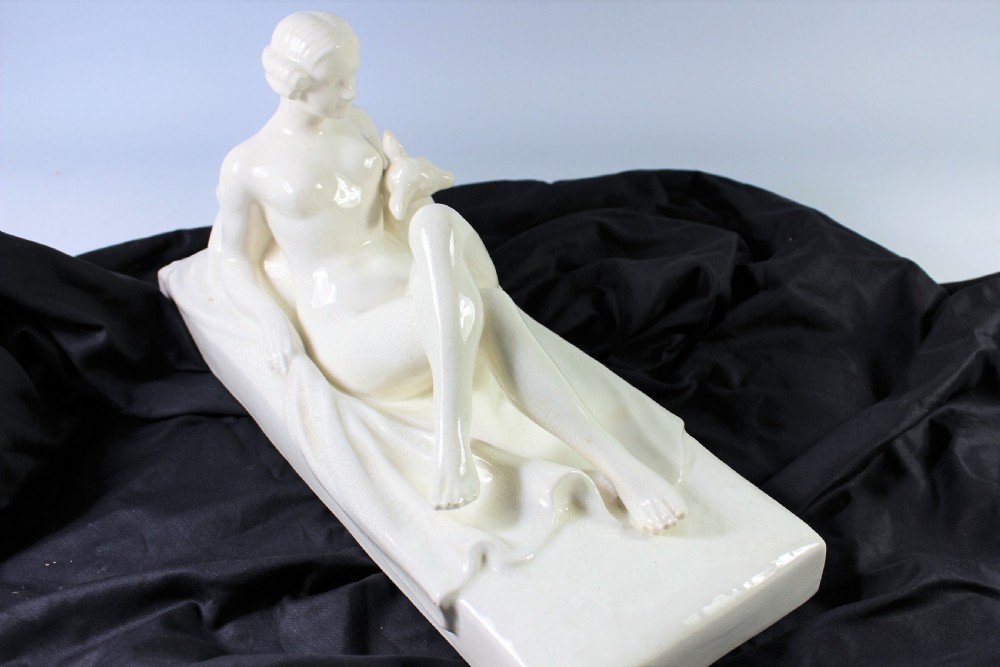 Francois art deco craquele ceramic of a girl and fawn, c.1930 View III