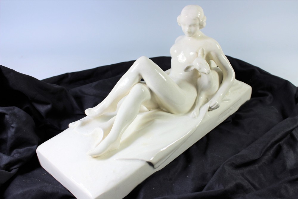 Francois art deco craquele ceramic of a girl and fawn, c.1930 View IV